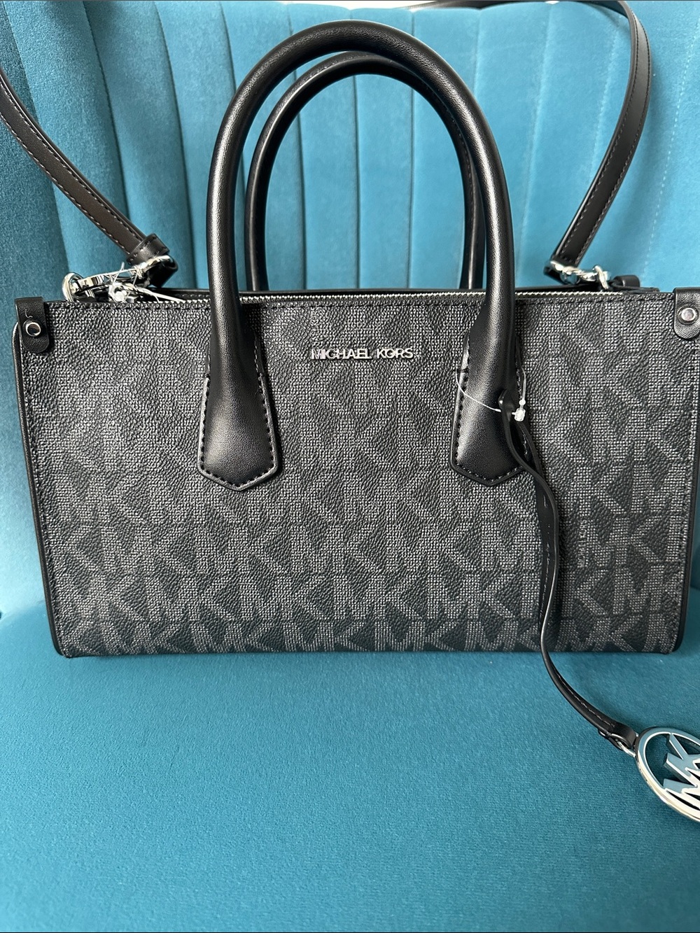 Michael Kors Black and Gray Signature Satchel with MK Charm - Picture 4 of 4